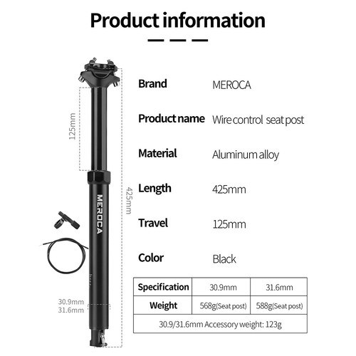 MEROCA Bike Dropper Seat Post Internal 125mm Travel Wire Control Lift ...