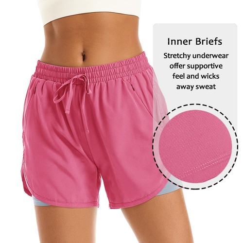 Women's 2 in 1 Athletic Running Shorts High Waisted Adjustable Workout Gym Sh... - Picture 3 of 6