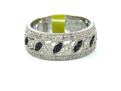 Round Blue Sapphire & Diamond Cluster Leaf Ring Band 14K White Gold .52Ct