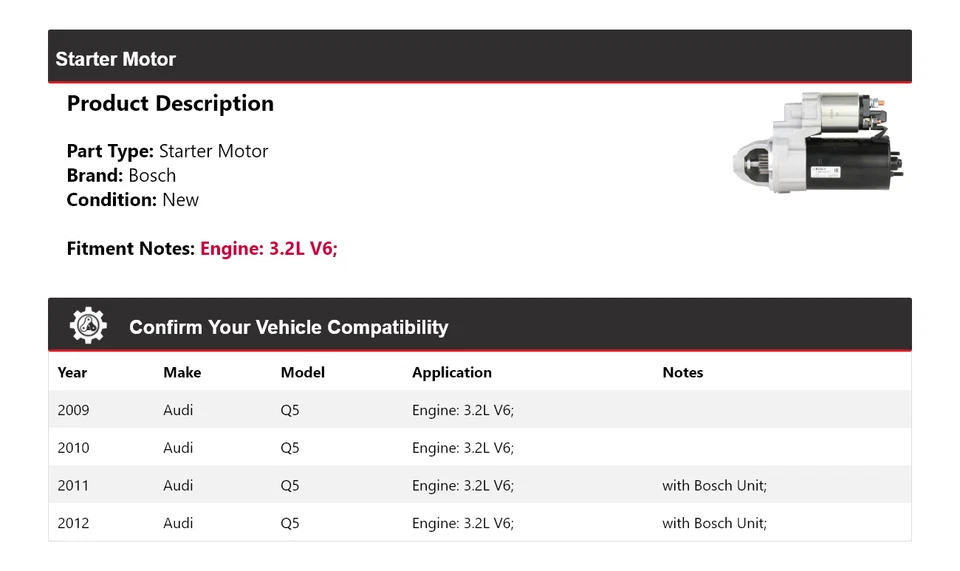 Para 2009-2012 Audi Q5 3.2L V6 Bosch Starter (Novo) 2010 2011 - Imagem 2 de 4