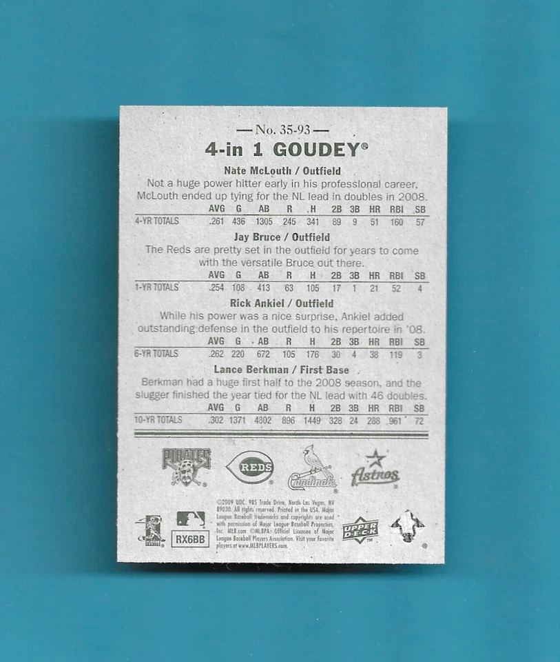 2009 UD Goudey 4 IN 1 Card # 35-93 BERKMAN/BRUCE/ANKIEL/MCLOUTH BLUE - Image 2 of 2