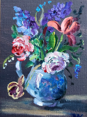 ACEO ORIGINAL oil painting  -Still life with flowers - 2.5x3.5 in artist MK