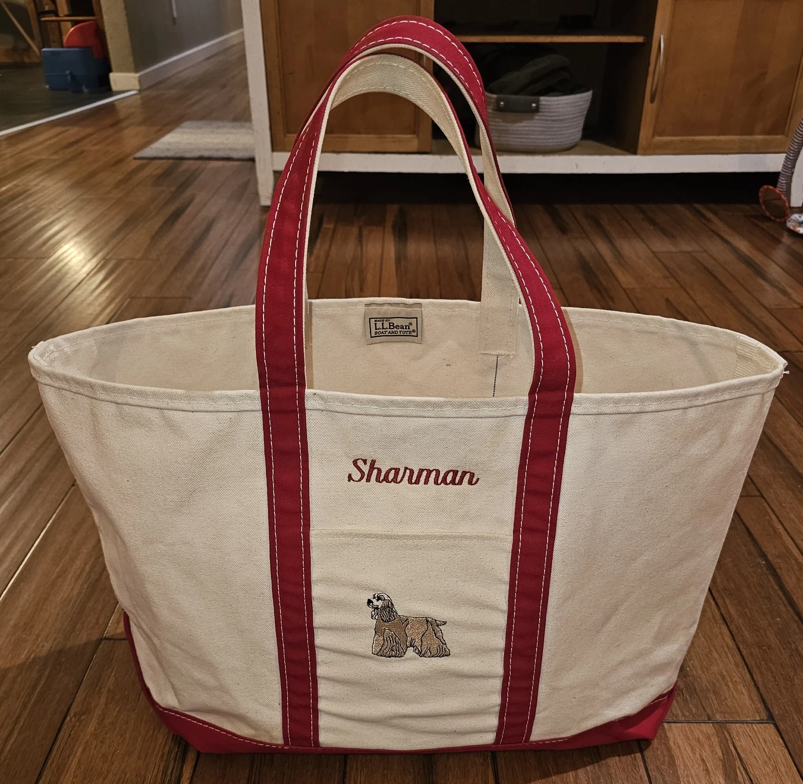 Vintage LL Bean Boat Tote X Extra Large Red Handles 23in x 14in Embroided Dog