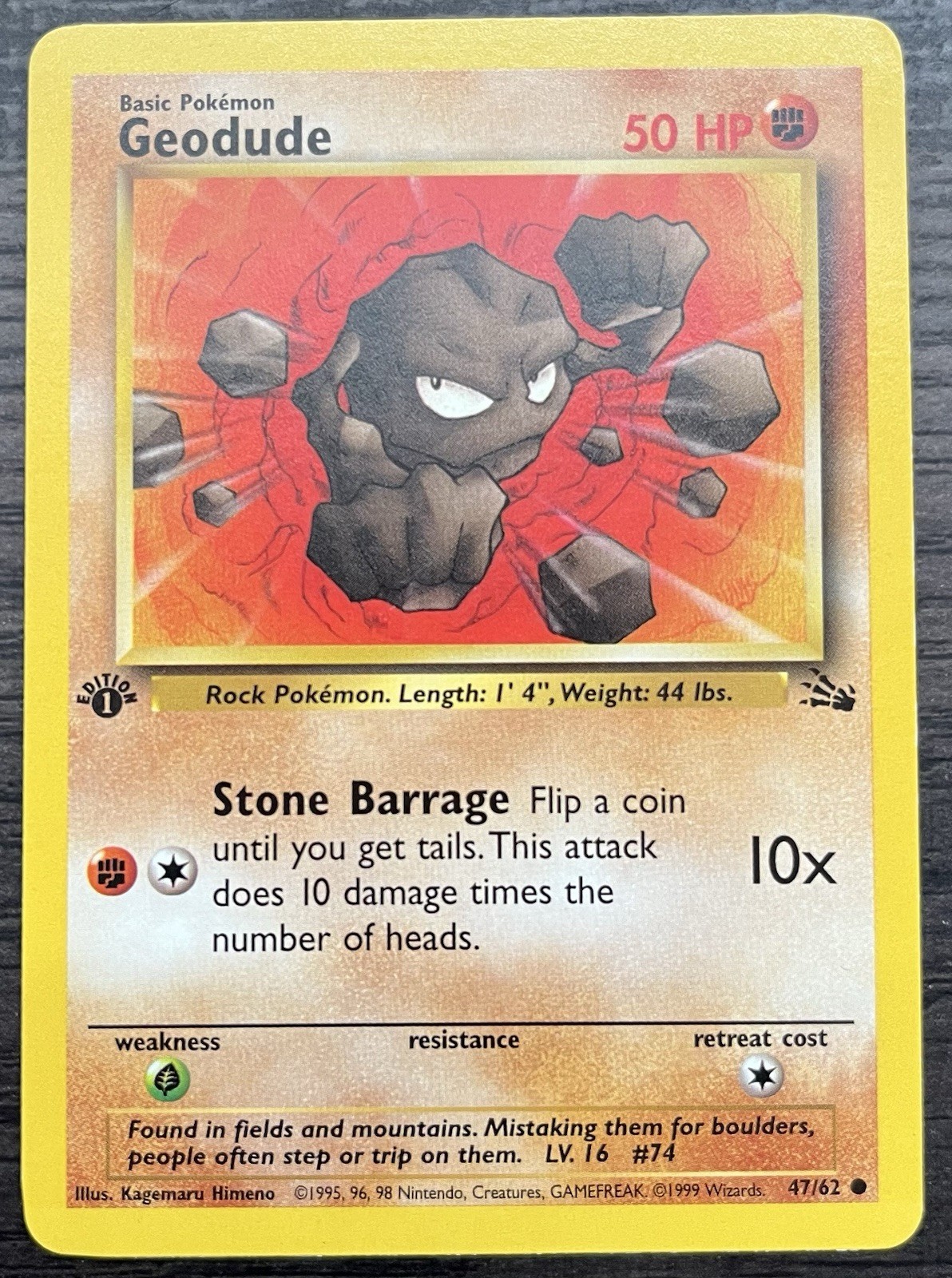 Geodude 1st Edition 47/62 Pokemon TCG Common Fossil Near Mint