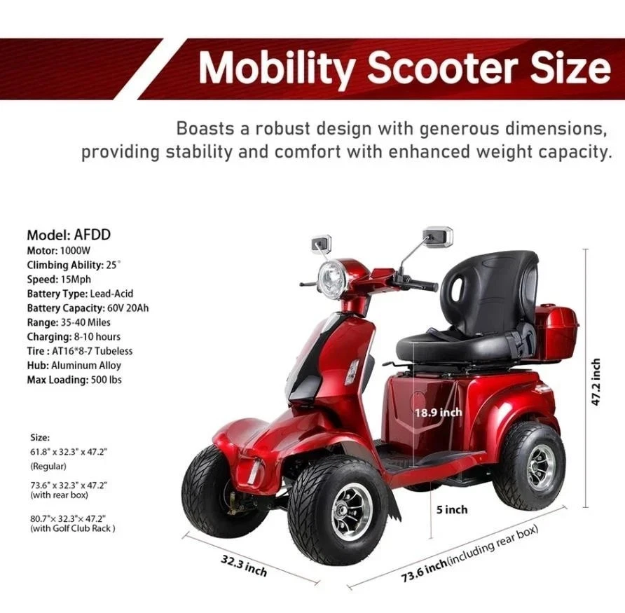 1000W 4-Wheel All-Terrain Electric Power Mobility Scooter Heavy Duty Red Scooter - Image 4 of 4