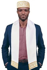 Off White and Gold Embroidered African Hat and Sash-Scarf