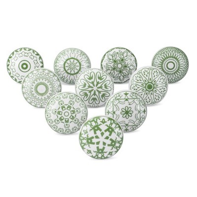 Ajuny Set of 10 Ceramic Knobs Green White Printed Cupboard Door Drawer and Fu...