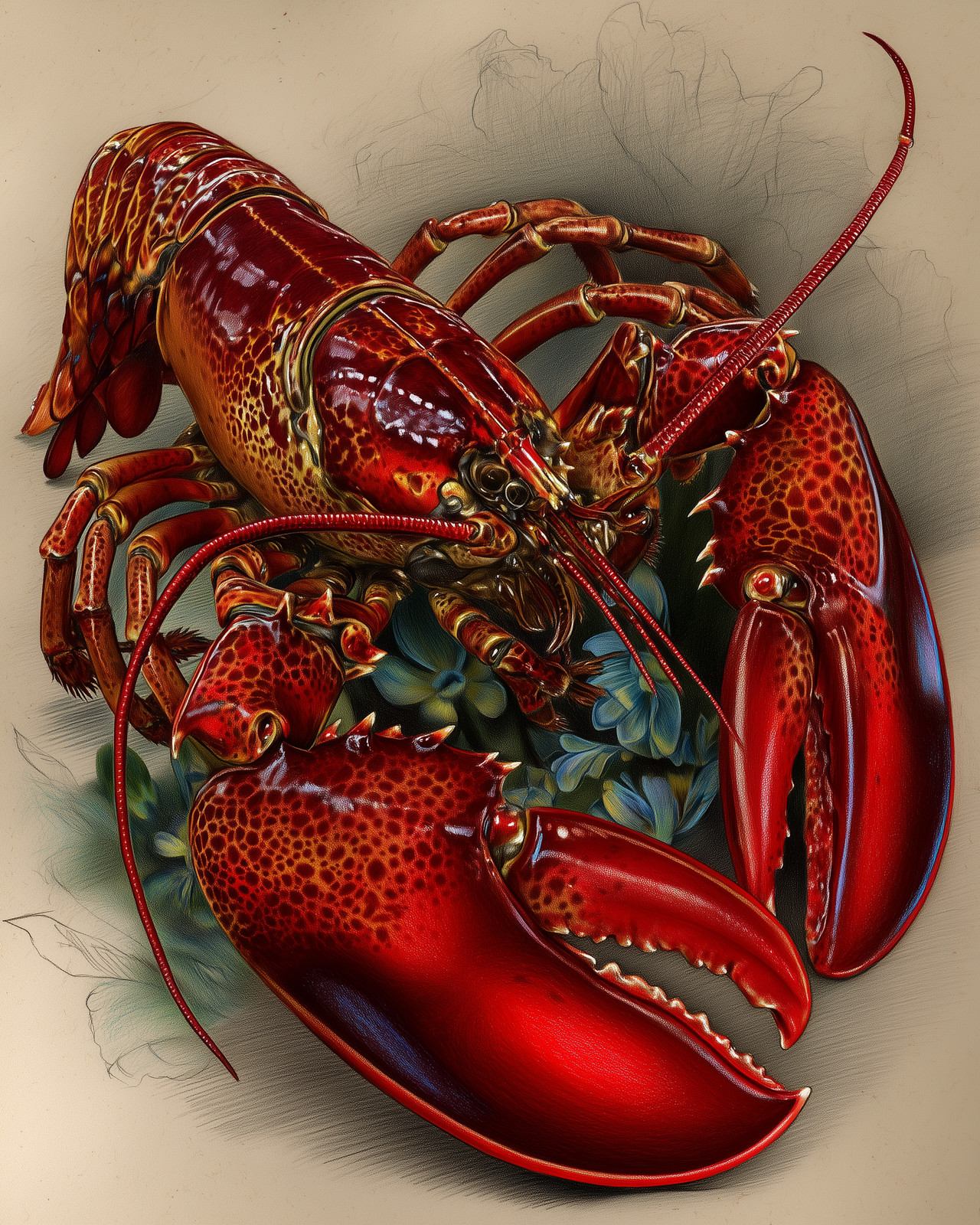 8x10 Lobster claws raised - decorative botanical - red shell - 470773854