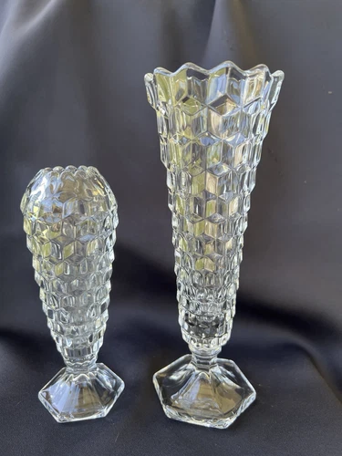 2 Vtg Fostoria American Cubist Bud Vases Hex 6 1/4” Tall Cupped & 8.25” Flared