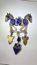Antique Jewish Amulet HORSES CHARIOTS OF HEAVEN Lapis, Sterling Silver Gold Wash