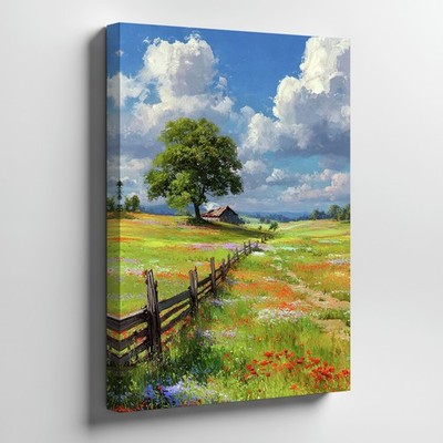 Rustic Countryside Canvas Wall Art With Wildflowers Green Tree Wooden Fence