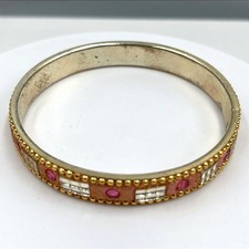 Vintage Gold Tone Bangle Bracelet Pink Rhinestone Glitter Mirror Inlay Stackable