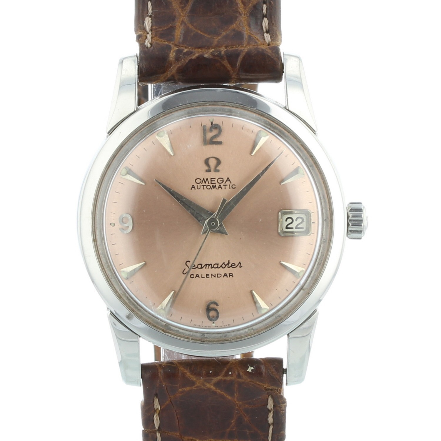 Omega Seamaster 2849-6SC 34 mm Salmon Dial Steel Leather Strap Vintage Watch