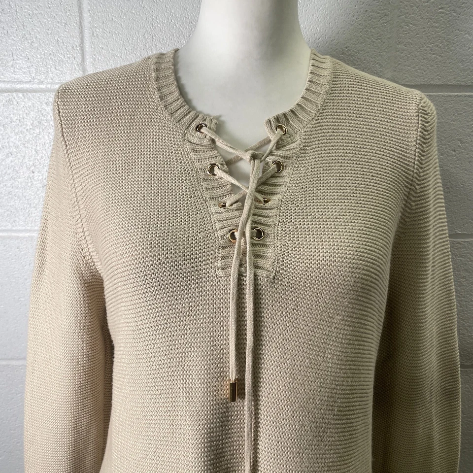 Suéter Charter Club feminino bege médio algodão gola redonda manga longa pulôver - Imagem 3 de 4