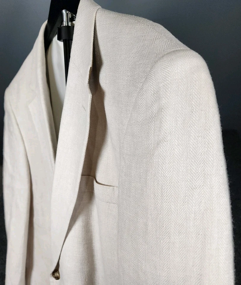 Abrigo deportivo Saddlebred doble pecho blanco roto espiga mezcla de lino 44R Foto 4 de 4