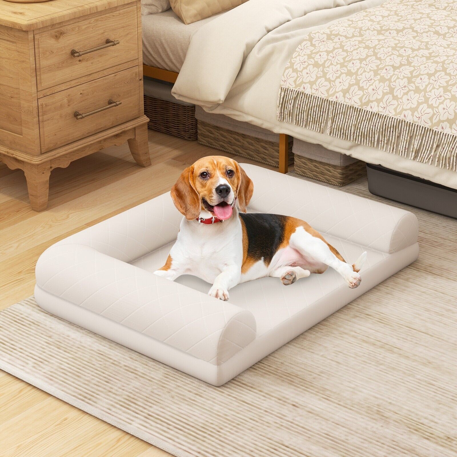 Orthopedic Dog Bed Medium Small Dogs Egg-Foam Dog Crate Bed with 3-Side Bolster