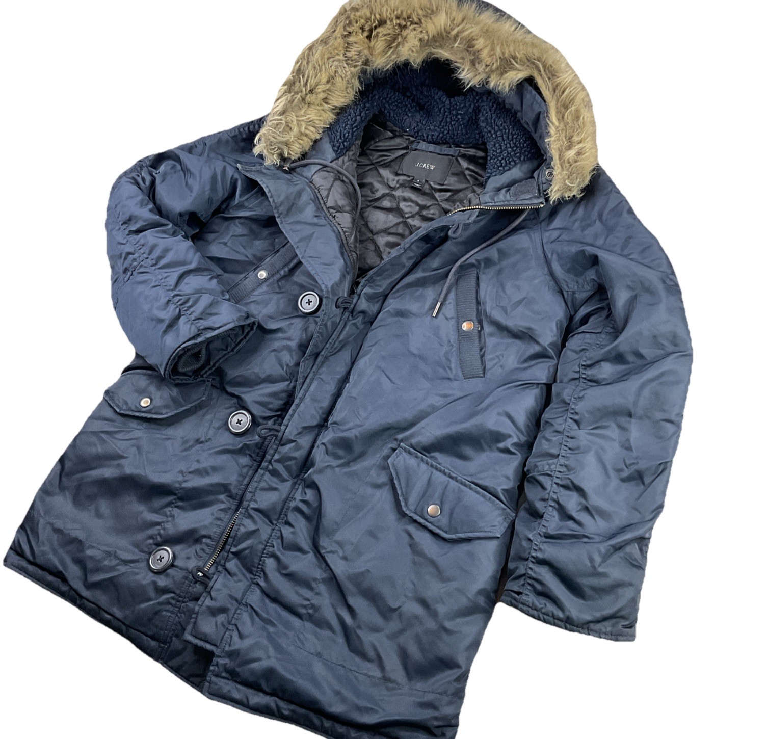 J Crew Coat Women Sz S Full Zip Military Parka Navy Hooded Jacket Faux Fur