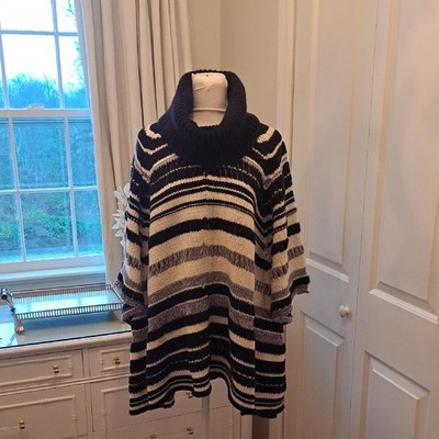Calypso St. Barth Womens Funnel Neck Pullover Black/Cream Striped Arm Poncho OS