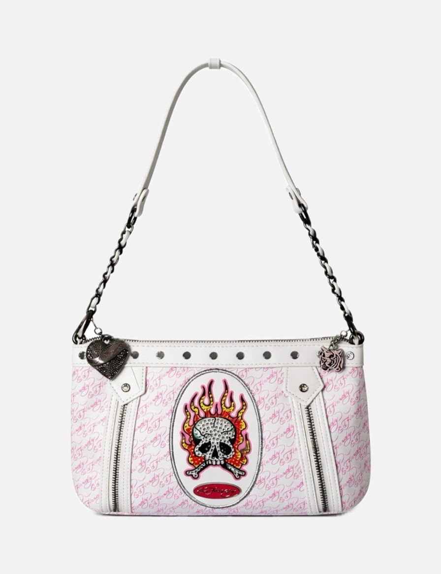 ED HARDY Shoulder Handbag with Skull Flame Graphic, Chain Strap