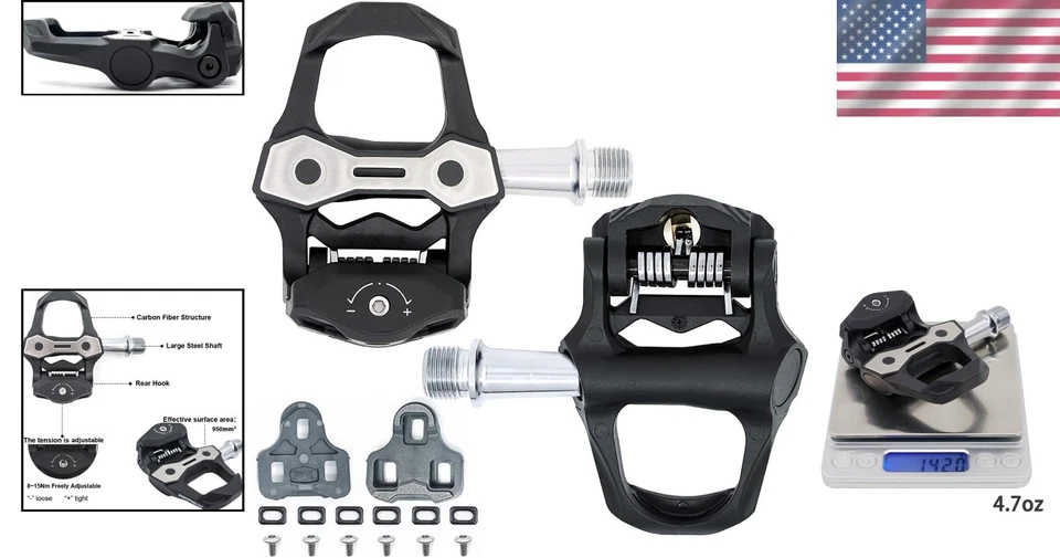 Pedales de carbono para bicicleta de carretera ZERAY - tensión ajustable y tacos incluidos Foto 2 de 4