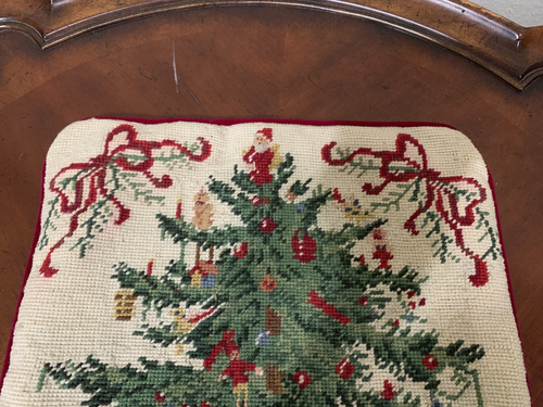 Needlepoint Wool Christmas Tree Throw Pillow Cover 14" Red Velvet Back Zipper - Picture 10 of 16
