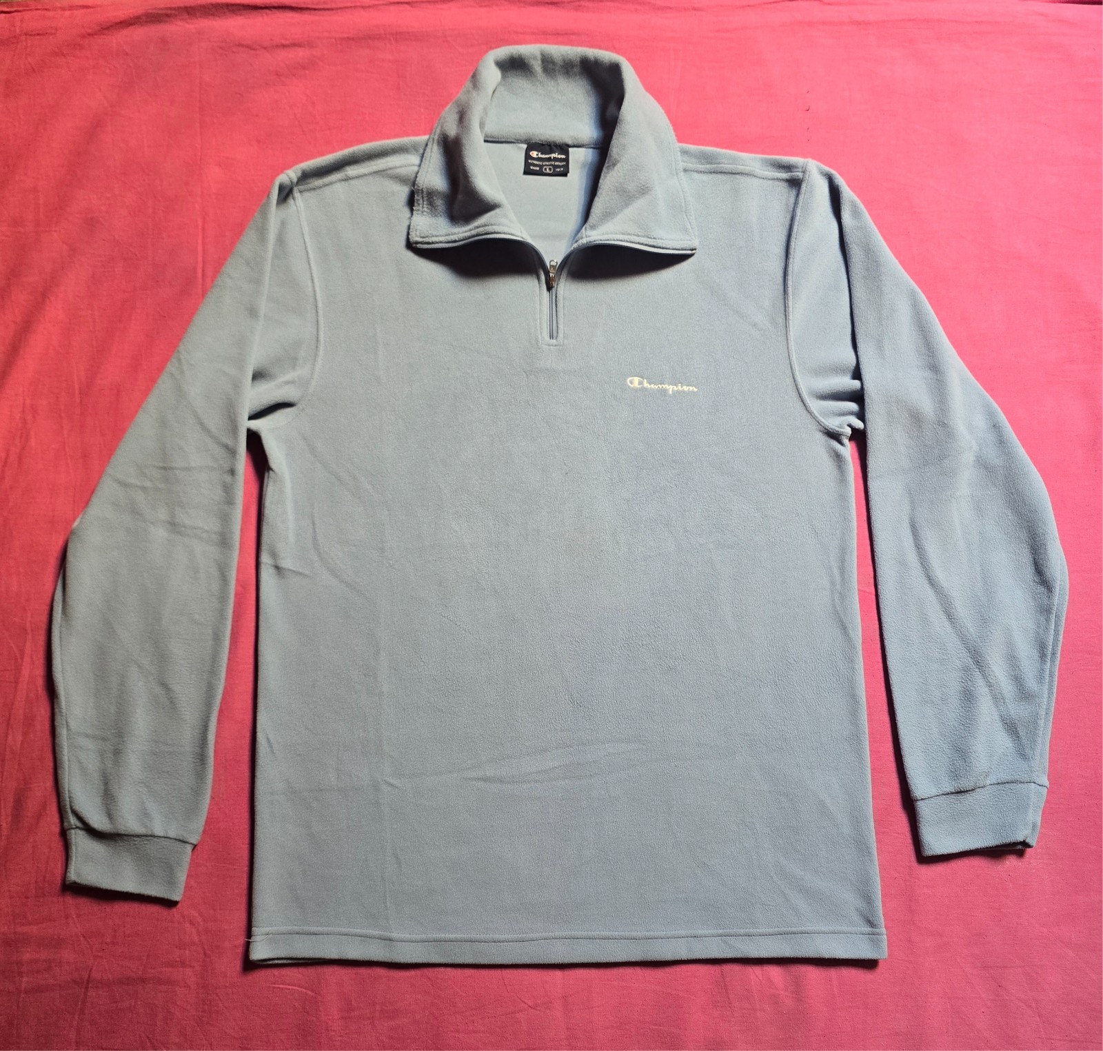 Felpa Pile Champion L Uomo Grigio Azzurro Mezza Zip Logo Ricamato Streetwear
