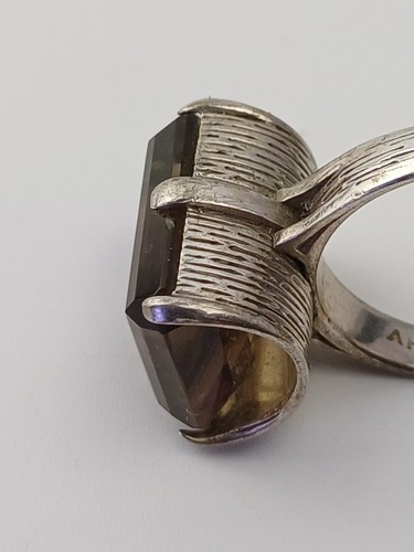 Modernist 1960s Sterling Silver Smoky Quartz Statement Ring Adjustable Size - Picture 10 of 18