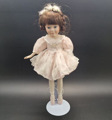 Vintage Porcelain Doll Ballerina 17'' Blue Eye Pink Ballet Outfit with Stand