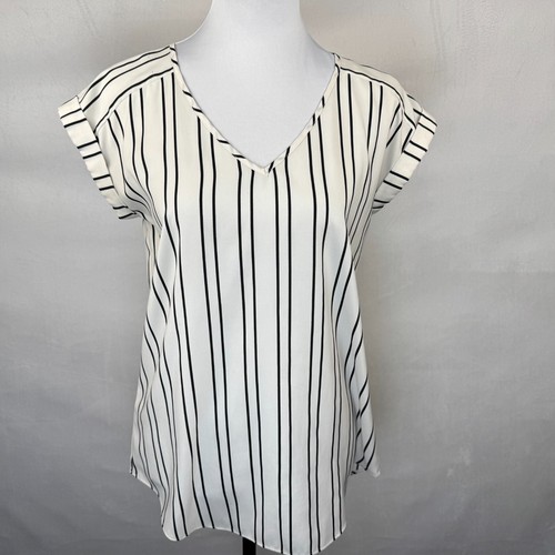 Express Women Sz S/P Top White Black Stripes VNeck Cap Sleeve Pullover