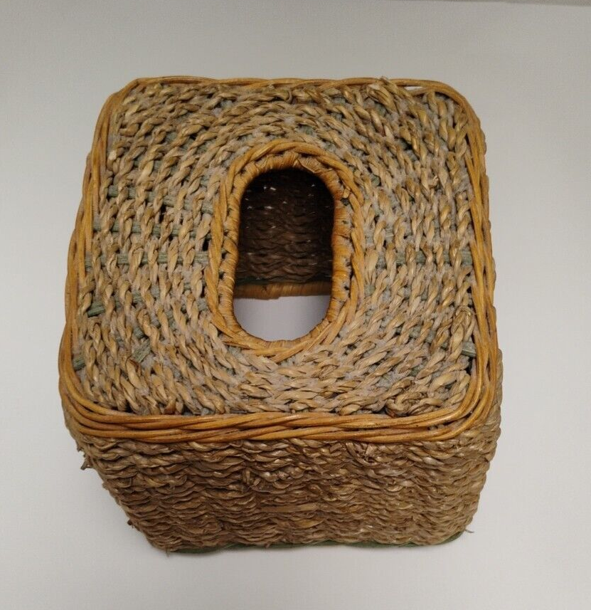 Square Beige & Woven Wicker Rope Design Tissue Box Cover Holder Vintage