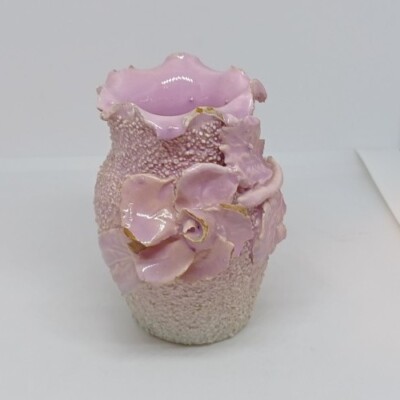 Antique Majolica Barbotine Pink Ruffle Vase Flower Sand Rough Texture *Chips
