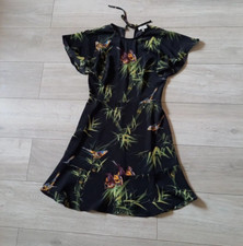 Warehouse Black Leaf & Bird Print Dress Frilled Hem Holiday Occasion Smart UK8