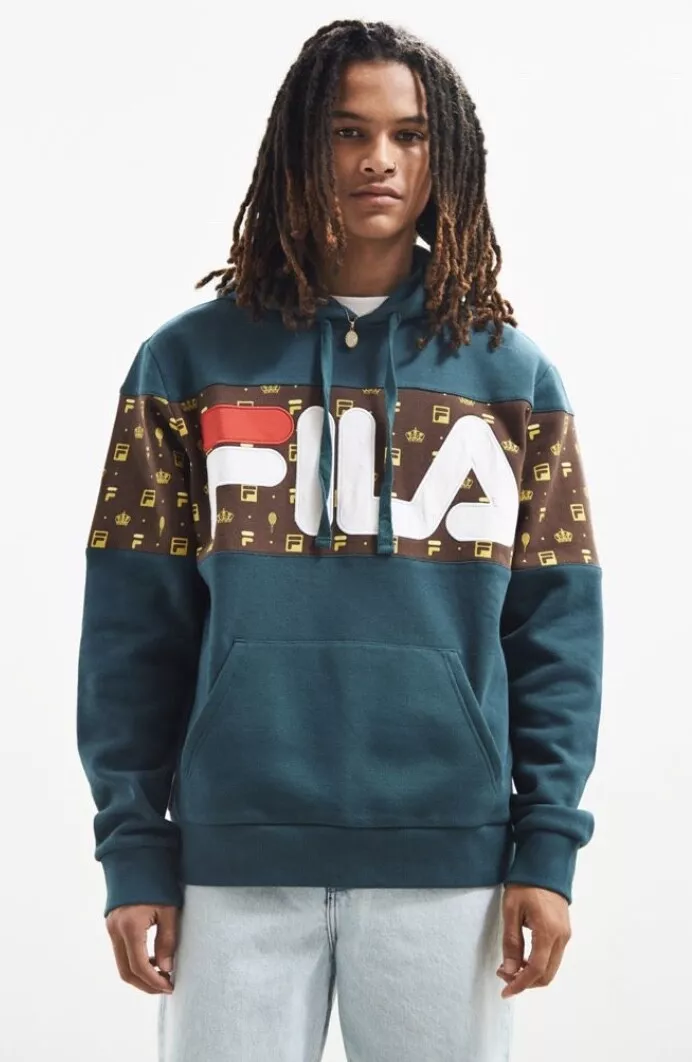 Fila Sweatshirt Hoodie Monogram Logo green brown pocket L NEW