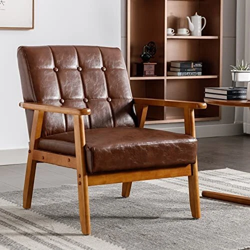 Mid Century Modern Arm Chair with Wood Frame PU Leather Reading