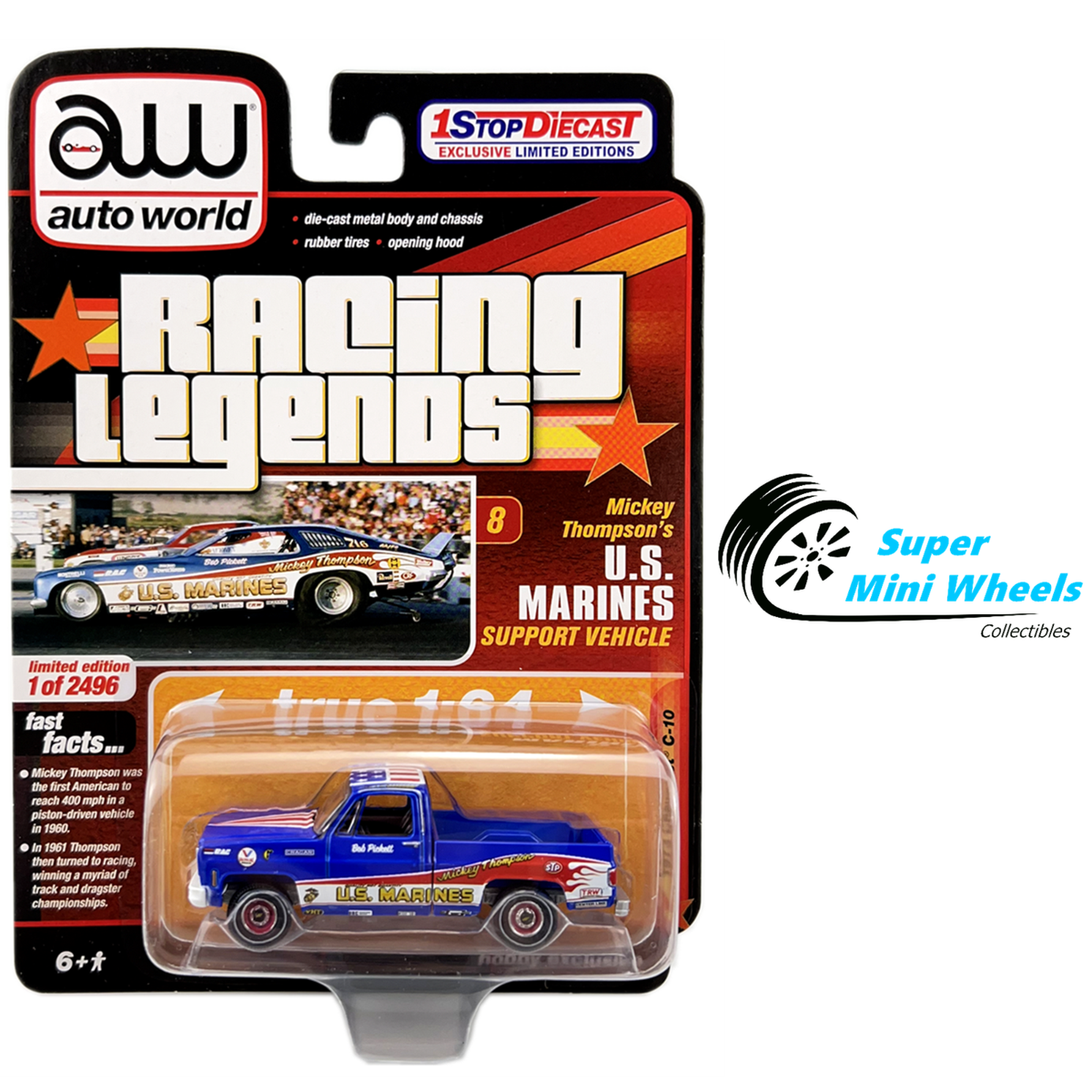 Auto World 1:64 Racing Legends 1973 Chevrolet C-10 Mickey Thompson's U.S. Marine – Diecast Blu