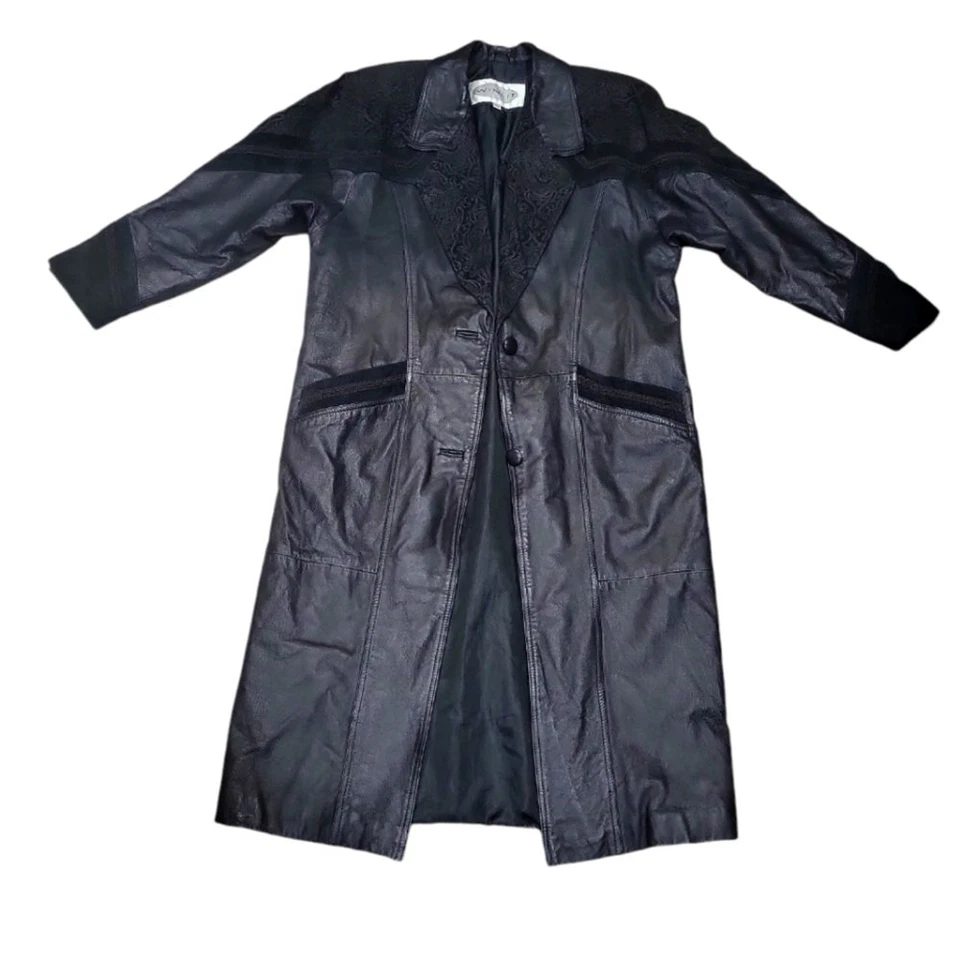 Vintage 1980s Leather Long Black Trench Coat Paisley Goth Cosplay Womens Size L - Image 4 of 4