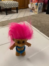 Vintage Russ Troll Doll Pink Hair Two Piece Swim Bathing Suit Blue Bikini 4 1/2"