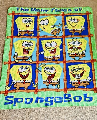 Vintage 2003 SpongeBob SquarePants Fleece Blanket.  The Many Faces Of SpongeBob 