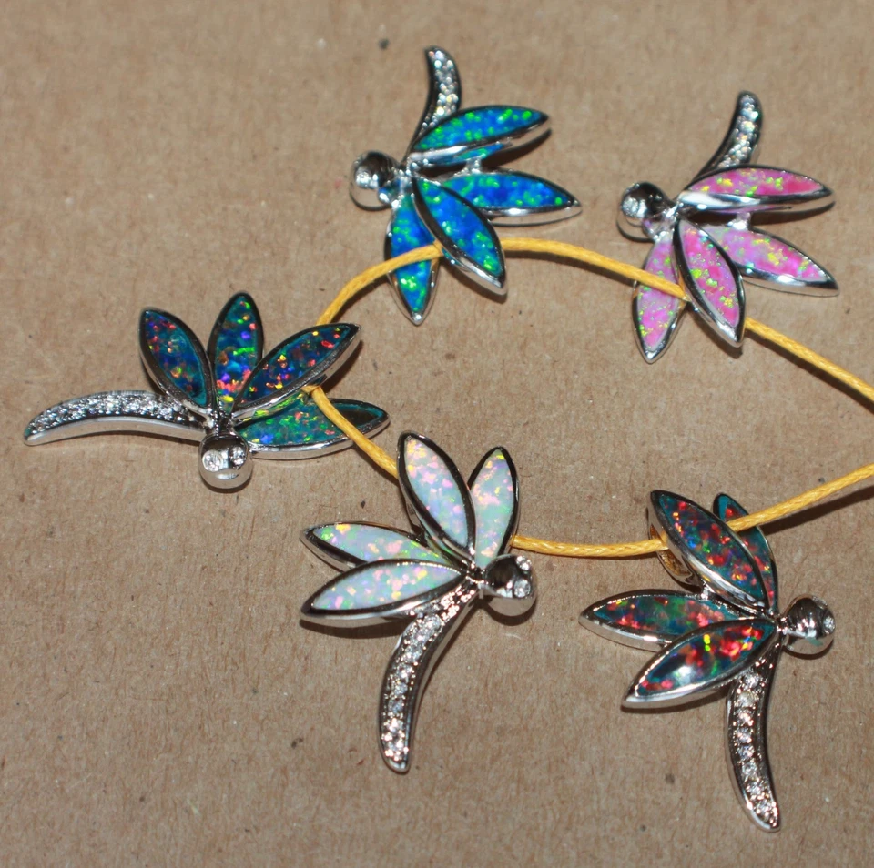 Laboratorio Incrustaciones Ópalo de Fuego Cz Collar Colgante Gemas Placa de Plata Joyería Libélula Foto 3 de 4