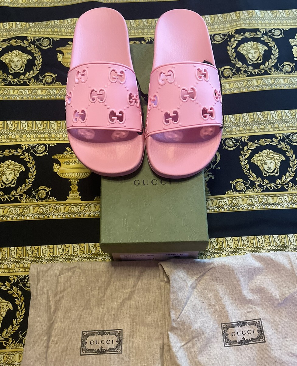 NEW AUTH Gucci Slides Pink Rubber GG Cutout Slide Sandals 