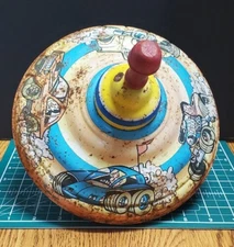 VINTAGE OHIO ART CO. TIN LITHO METAL SPINNING TOY TOP Race Cars Doesn't spin