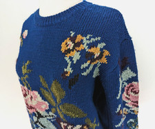 PRETTY 90s LIZ CLAIBORNE Women's Teal Sweater Pink Floral w/ Wool Crew M EUC 