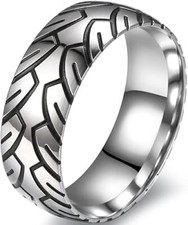 Men 8mm Titanium Motorcycle Tire Tread Pattern  Anodized Inlays Non-Fading Band