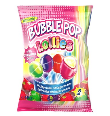 Woogie Bubble Pop Lollies Frucht Lutscher mit Kaugummi 144g