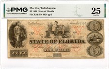 1864 $5 Tallahassee, Florida Obsolete Note State of Florida PMG VF-25