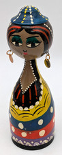 Vintage Egyptian Hand Painted Wood Spindle Folk Art Doll
