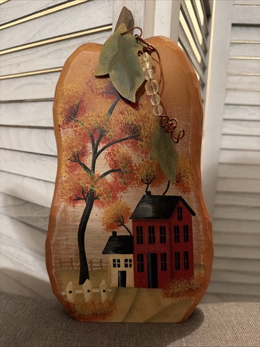 Vintage Pumpkin Hand Painted Wood Wall Hanging Decor Folk Art Autumn Landscape