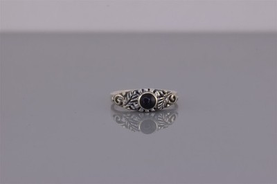 Sterling Silver Black Onyx Button Carved Leaf Band Ring 925 Sz: 5