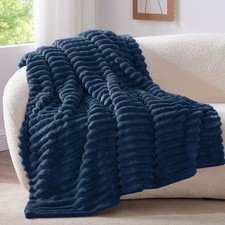 Navy Striped Twin Blanket For Couch Bed 300GSM Soft Warm Fleece 60x80 Inch