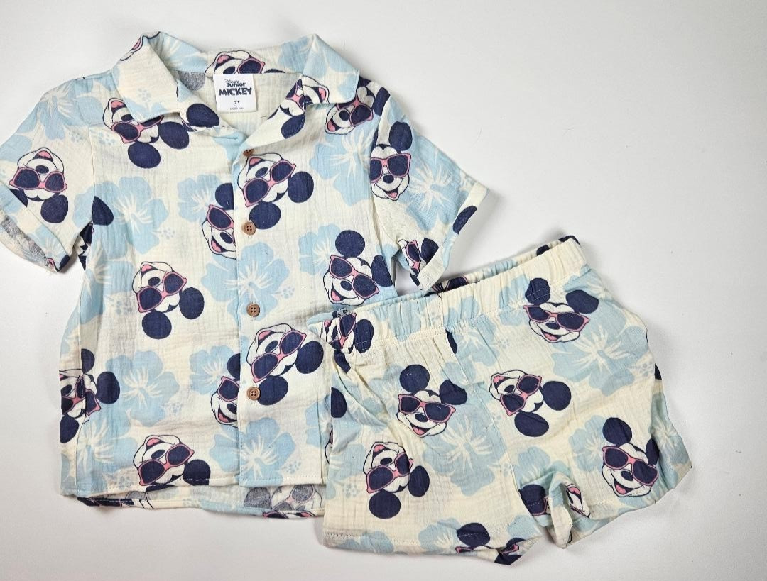 Boys NWT Disney 2pc Set Mickey Mouse Woven Gauze Button Top & Shorts 3T